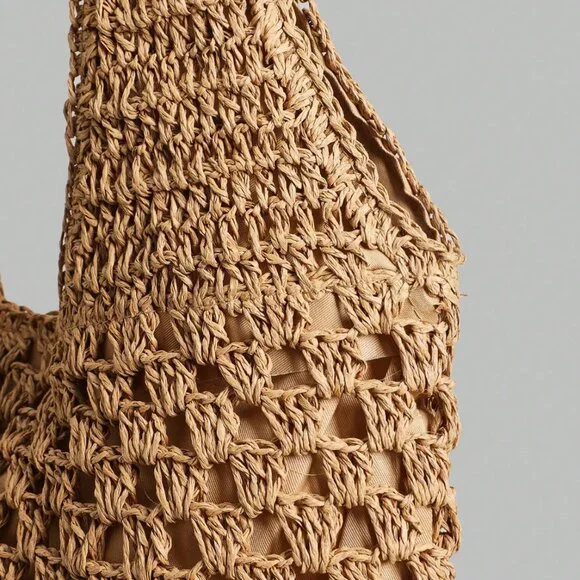 Hollow Straw Wovan Shoulder Bag Large Brown - Picture 5 of 5